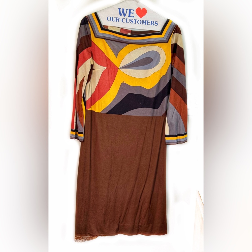 Vintage Brown and Multicolor Patterned Pucci Dress, Silk, 10, 1960s